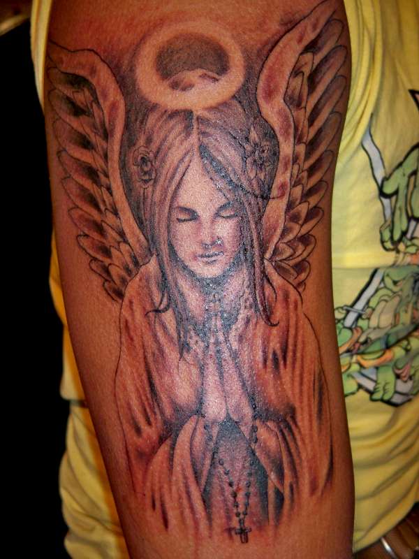 Red Ink Praying Angel Tattoo On Right Half Sleeve