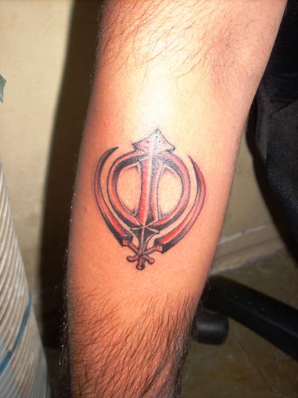 Red Khanda Punjabi Tattoo On Arm