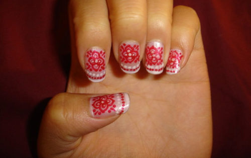 Red Lace Floral Design Nail Art
