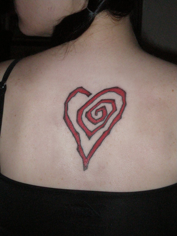 Red Love Spiral Tattoo On Upper Back