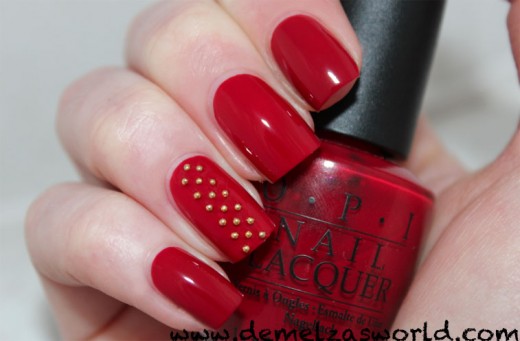 Red Nails With Accent Gold Caviar Beads Design Idea