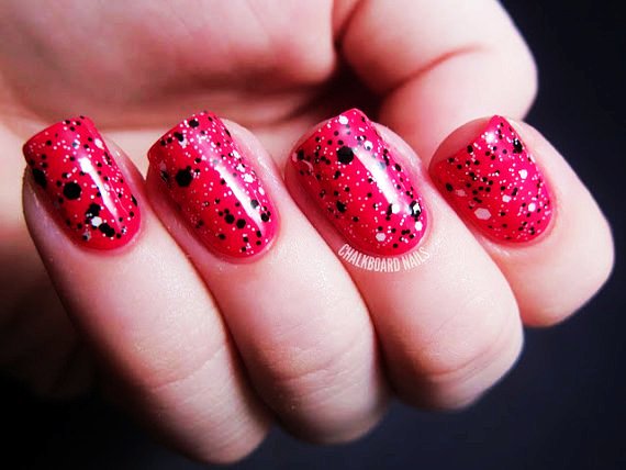 Red Nails With Black And White Dots Design Idea