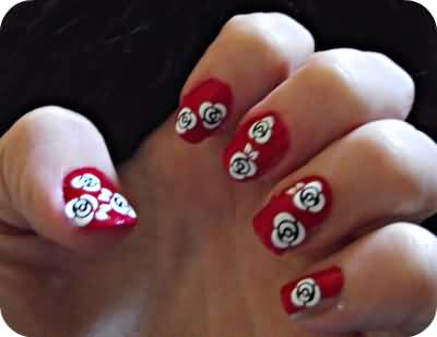 Red Nails With Black And White Rose Flower Nail Art Design