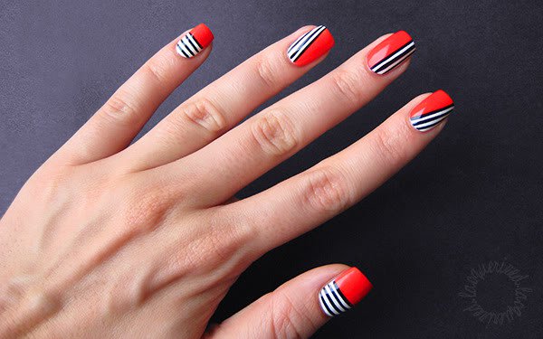 Red Nails With Black And White Stripes Design Idea