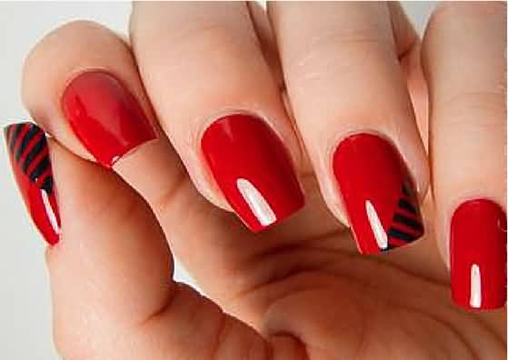 Red Nails With Black And White Stripes Design Nail Art
