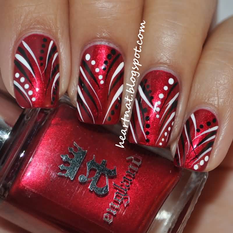Red Nails With Black And White Stripes Design Nail Design Idea