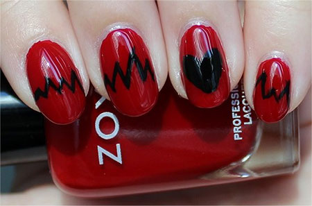 Red Nails With Black Heart Beat Design Nail Art