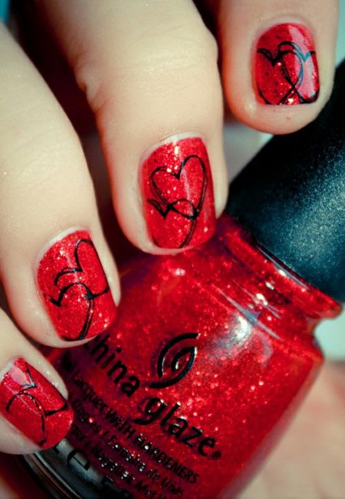 Red Nails With Black Hearts Design Nail Art