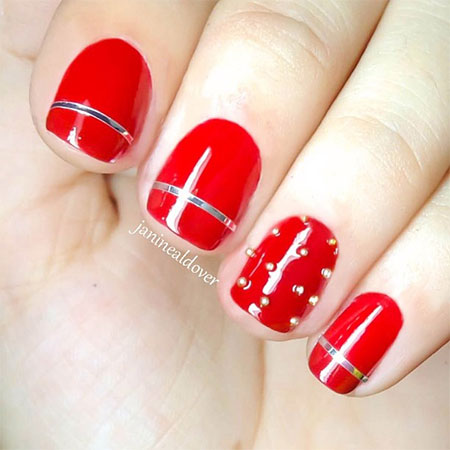 Red Nails With Caviar Beads And Silver Stripes Nail Art