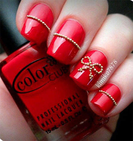 Red Nails With Caviar Beads Bow Design Nail Art