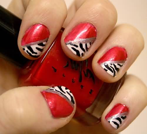 Red Nails With Diagonal Black And White Zebra Print Nail Art