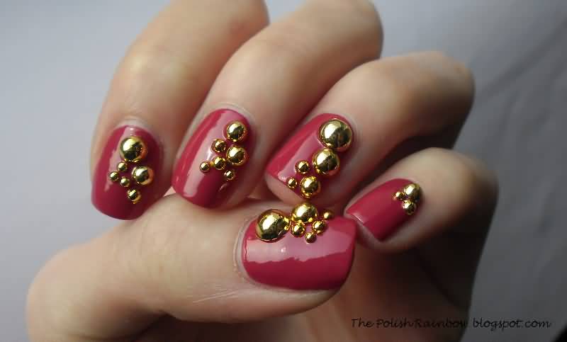 Red Nails With Gold Bubbles Nail Art