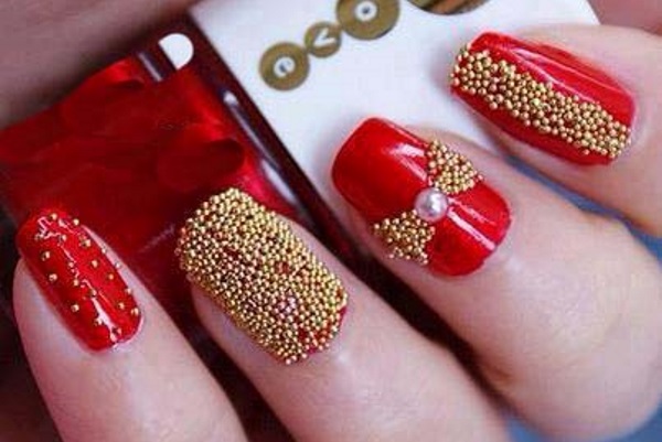 Red Nails With Gold Caviar Beads Bow Design Idea