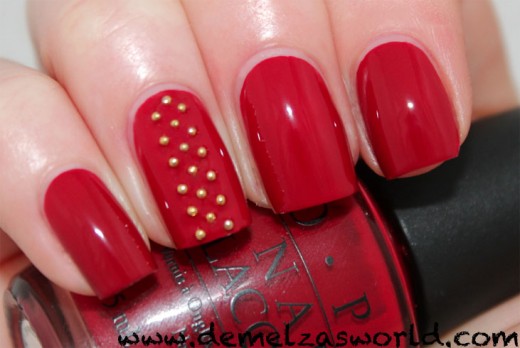 Red Nails With Gold Caviar Beads Nail Art
