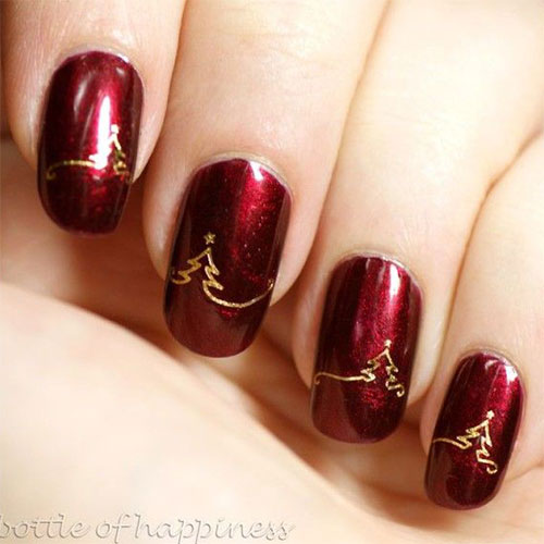 Red Nails With Gold Christmas Tree Nail Art Design