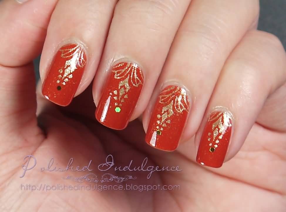 Red Nails With Gold Design Nail Art