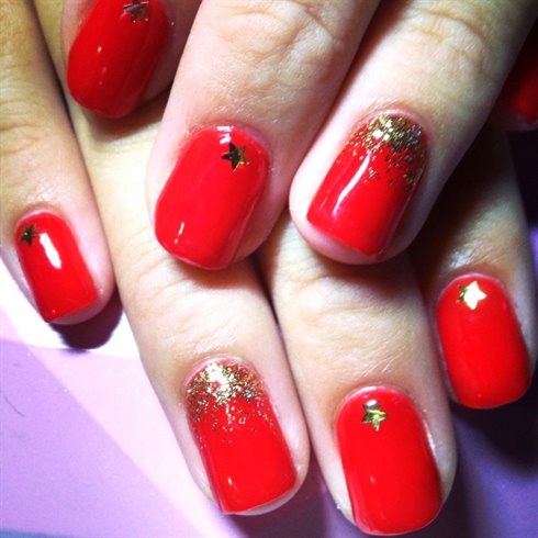 Red Nails With Gold Glitter And Stars Design Nail Art