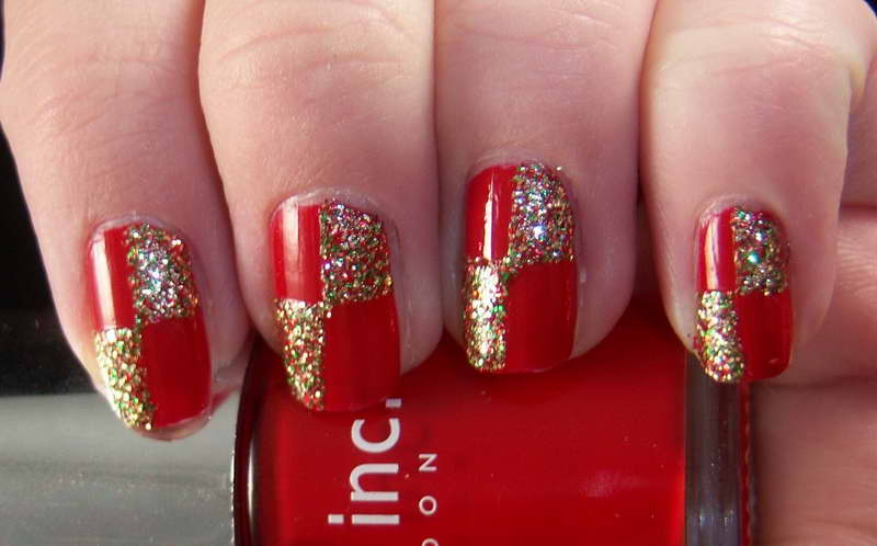 Red Nails With Gold Glitter Bow Design Nail Art