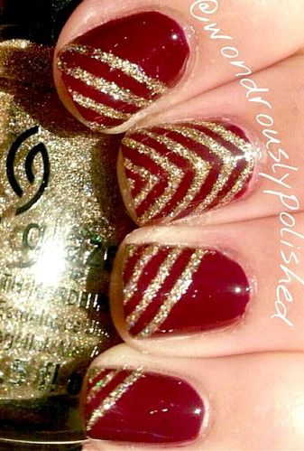 Red Nails With Gold Glitter Stripes Design Nail Art