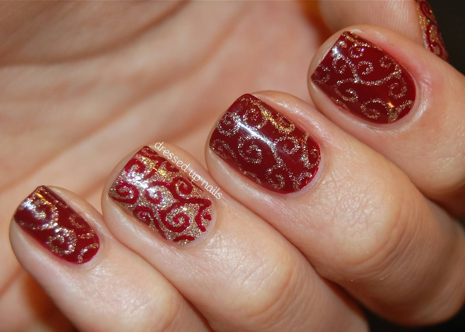 Red Nails With Gold Glitter gel Swirls Design Nail Art