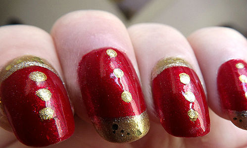 Red Nails With Gold Polka Dots And Tip Nail Art