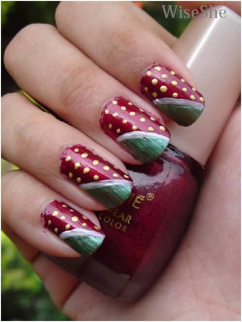Red Nails With Golden Dots And Green Diagonal Design