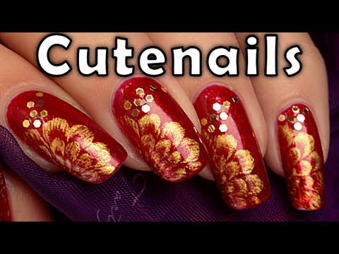Red Nails With Golden Flowers Nail Art Video Tutorial