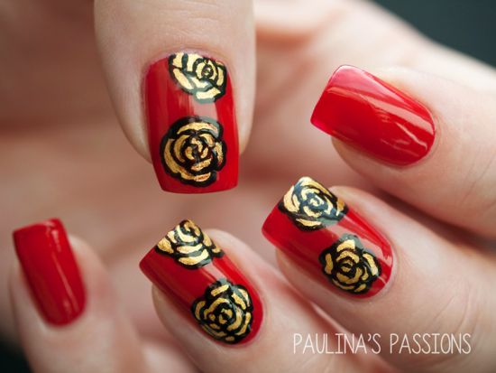 Red Nails With Golden Rose Flower Nail Art