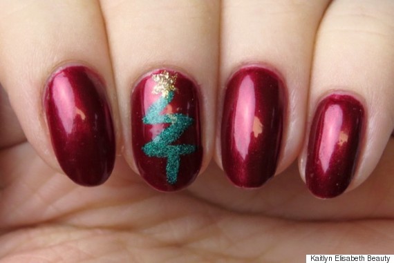 Red Nails With Green Christmas Tree Nail Art