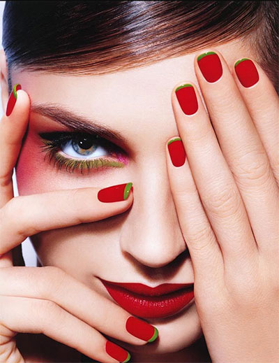 Red Nails With Green Tip Design Nail Art Idea