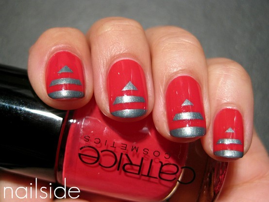 Red Nails With Grey Christmas Tree Design Nail Art
