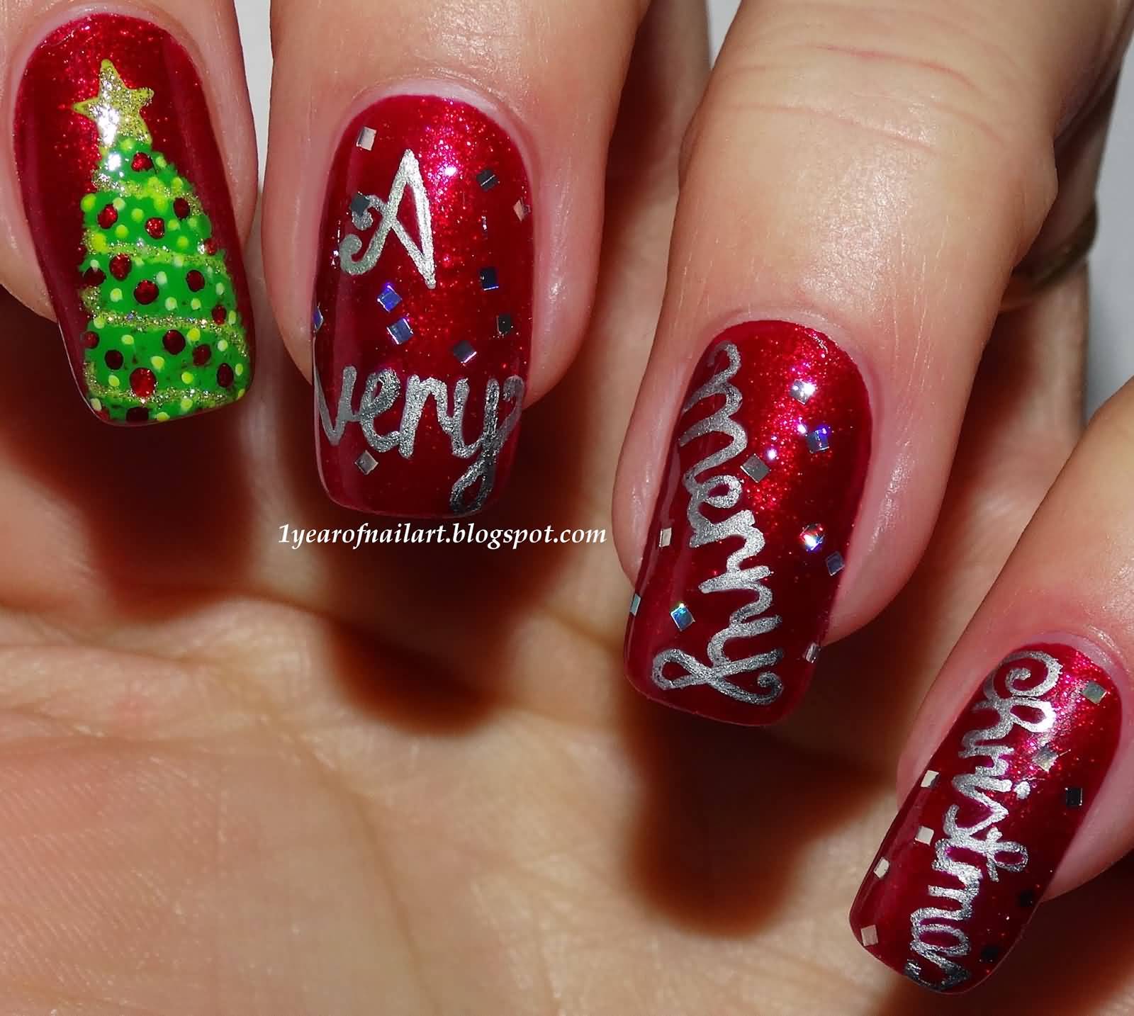 Red Nails With Merry Christmas Text Nail Art