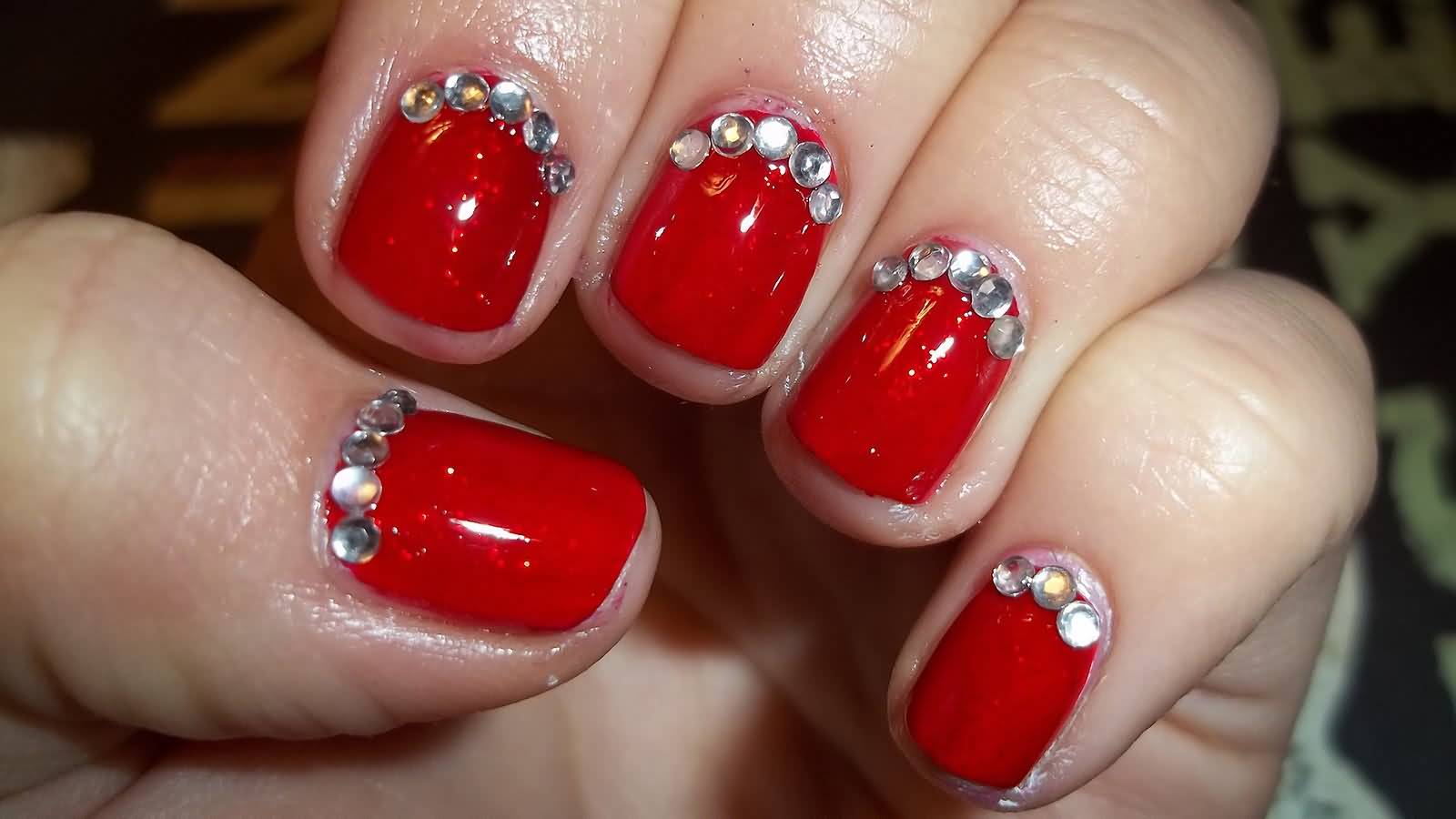 Red Nails With Rhinestones Design Idea