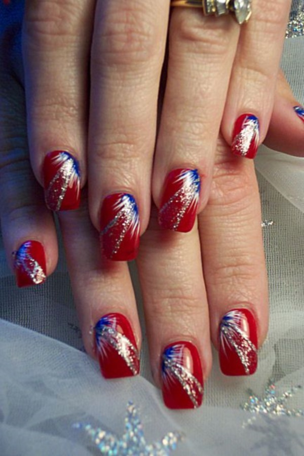 Red Nails With Silver And Blue Flower Design Nail Art
