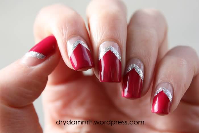 Red Nails With Silver Chevron Design Nail Art