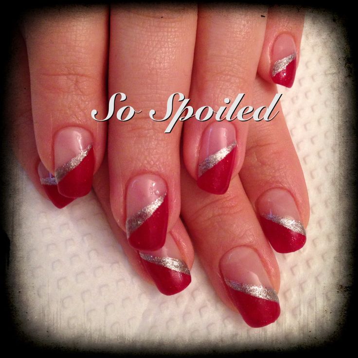 Red Nails With Silver Diagonal Stripes Design Nail Art