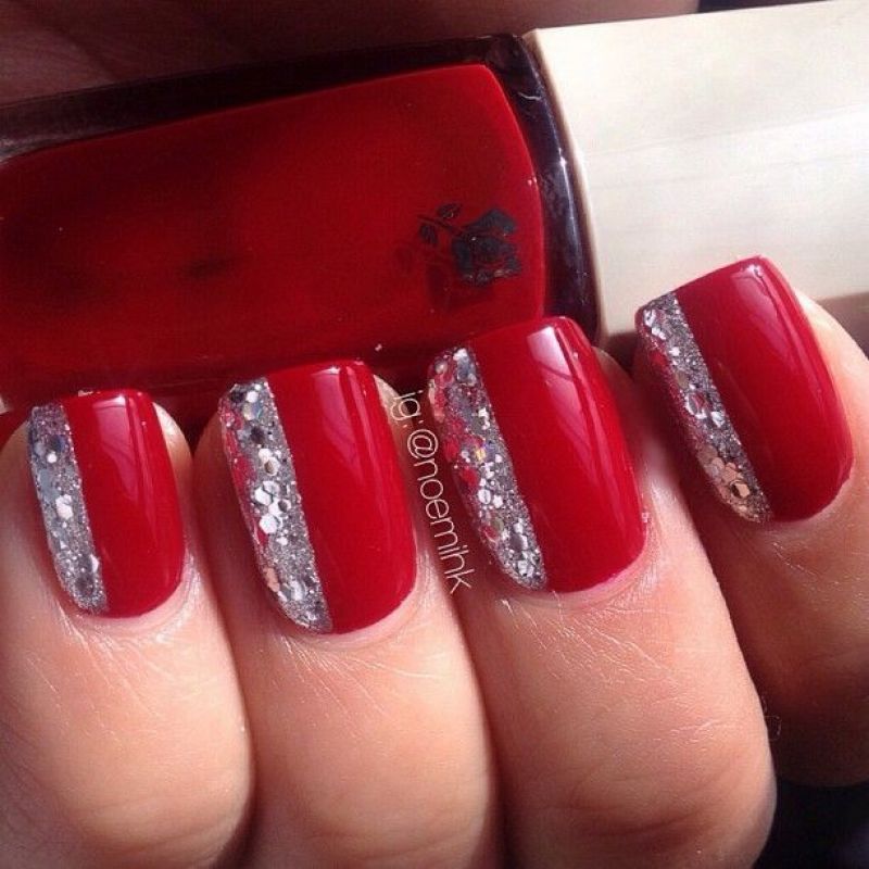 Red Nails With Silver Glitter Design Nail Art