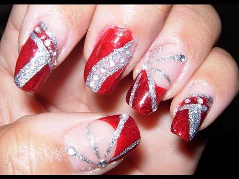 Red Nails With Silver Rays Design Nail Art