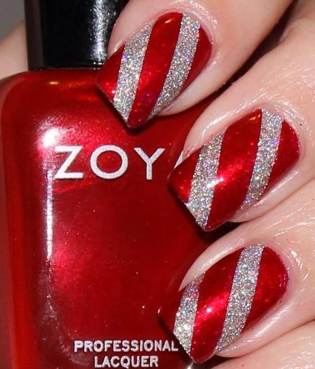 Red Nails With Silver Stripes Design Idea
