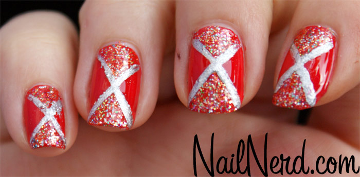 Red Nails With Silver X Design Nail Art