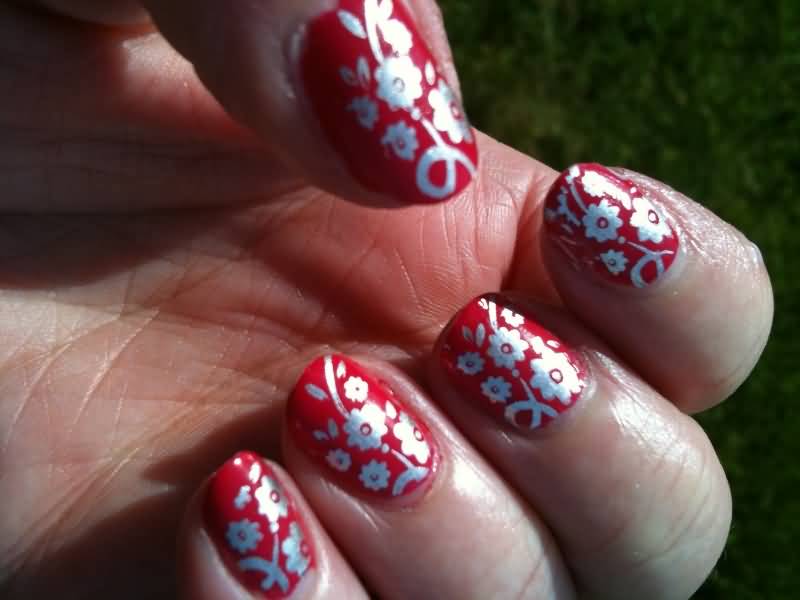Red Nails With Silver Flowers Stamping Design Nail Art