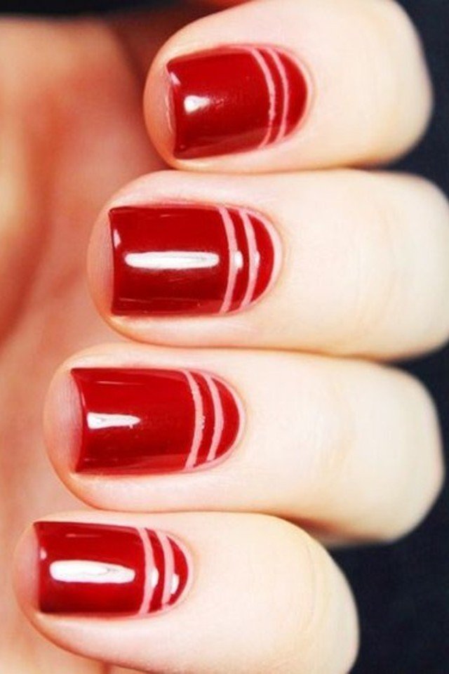 Red Nails With Stripes Design Nail Art Idea