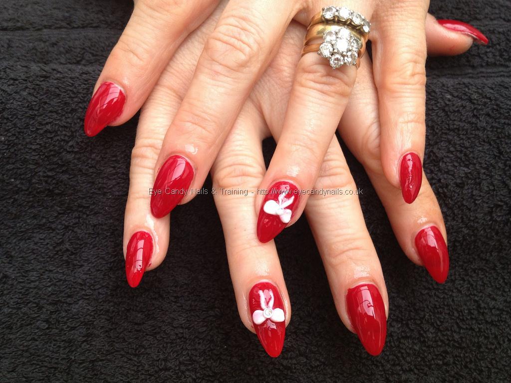 Red Nails With White 3D Bow Design Idea