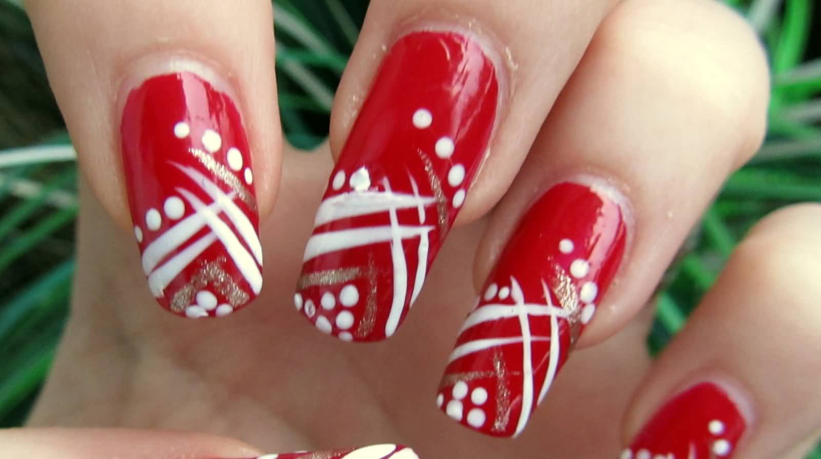 Red Nails With White Acrylic Stripes Design Nail Art