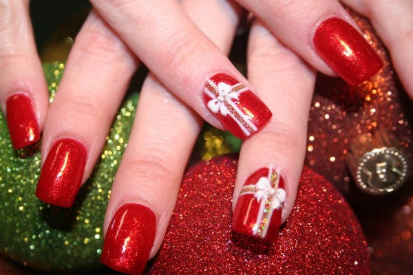 Red Nails With White Bow Design Nail Art