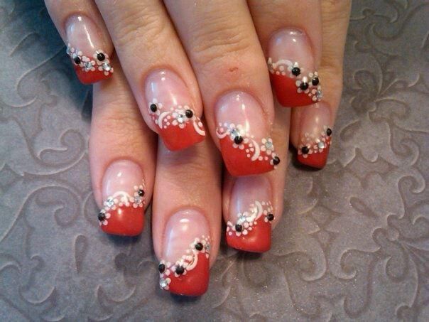 Red Nails With White Dots Flowers And Black Caviar Beads Design Nail Art