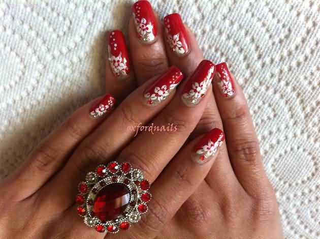 Red Nails With White Flowers Nail Art Design Idea