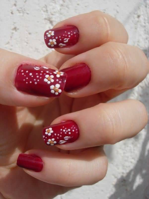 Red Nails With White Flowers Nail Design Idea