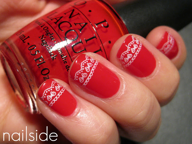Red Nails With White Lace Design Idea