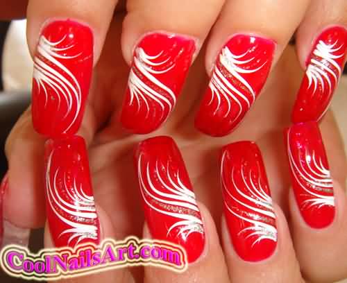 Red Nails With White Stripes Design Idea